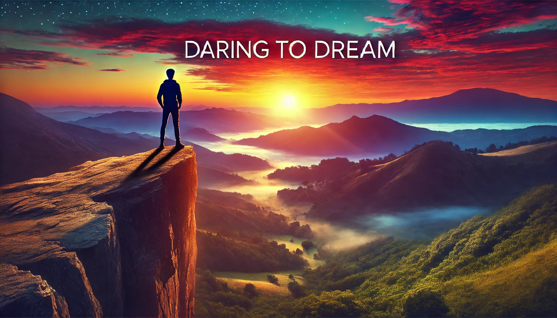 A person stands confidently at the edge of a mountain cliff during sunrise, symbolizing bold dreams and limitless possibilities, surrounded by vibrant colors and misty hills.