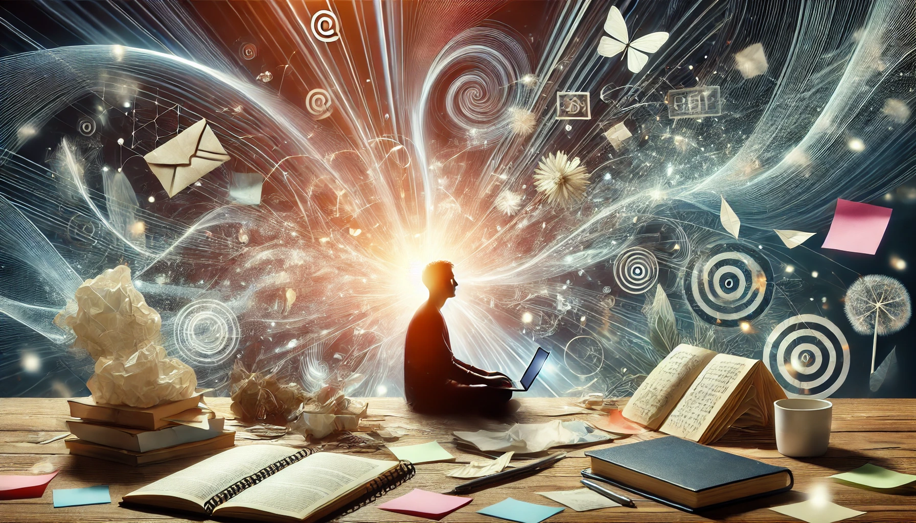 A dynamic scene of a person sitting at a desk, surrounded by scattered notes and a laptop, symbolizing ADHD executive function challenges and the journey toward focus and balance.