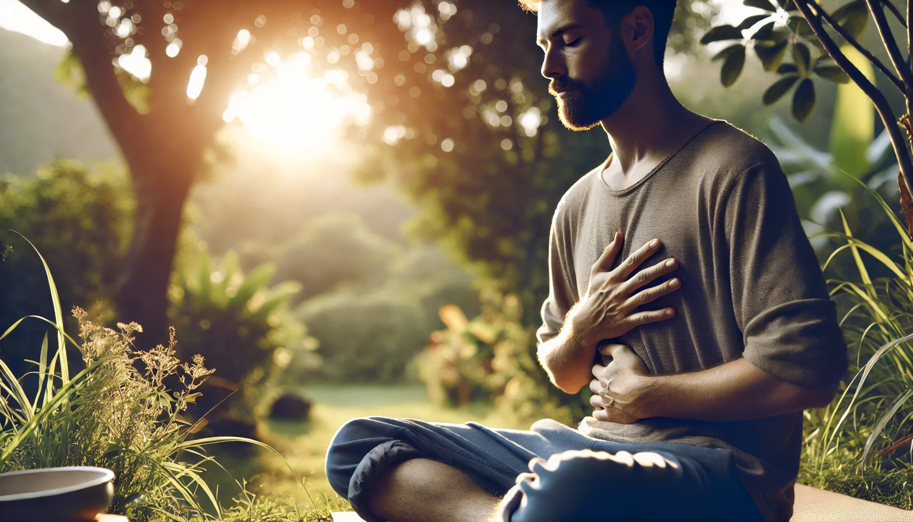 A serene individual practicing somatic therapy in a peaceful natural setting, symbolizing healing, emotional release, and deep body connection.