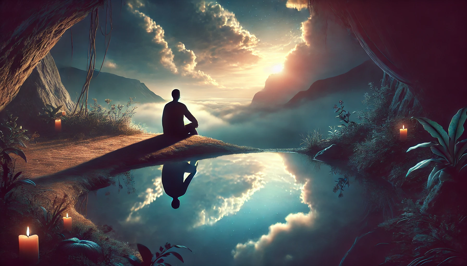 A contemplative figure sitting at the edge of a serene landscape, looking at their reflection in water, symbolizing deep self-exploration and shadow work.