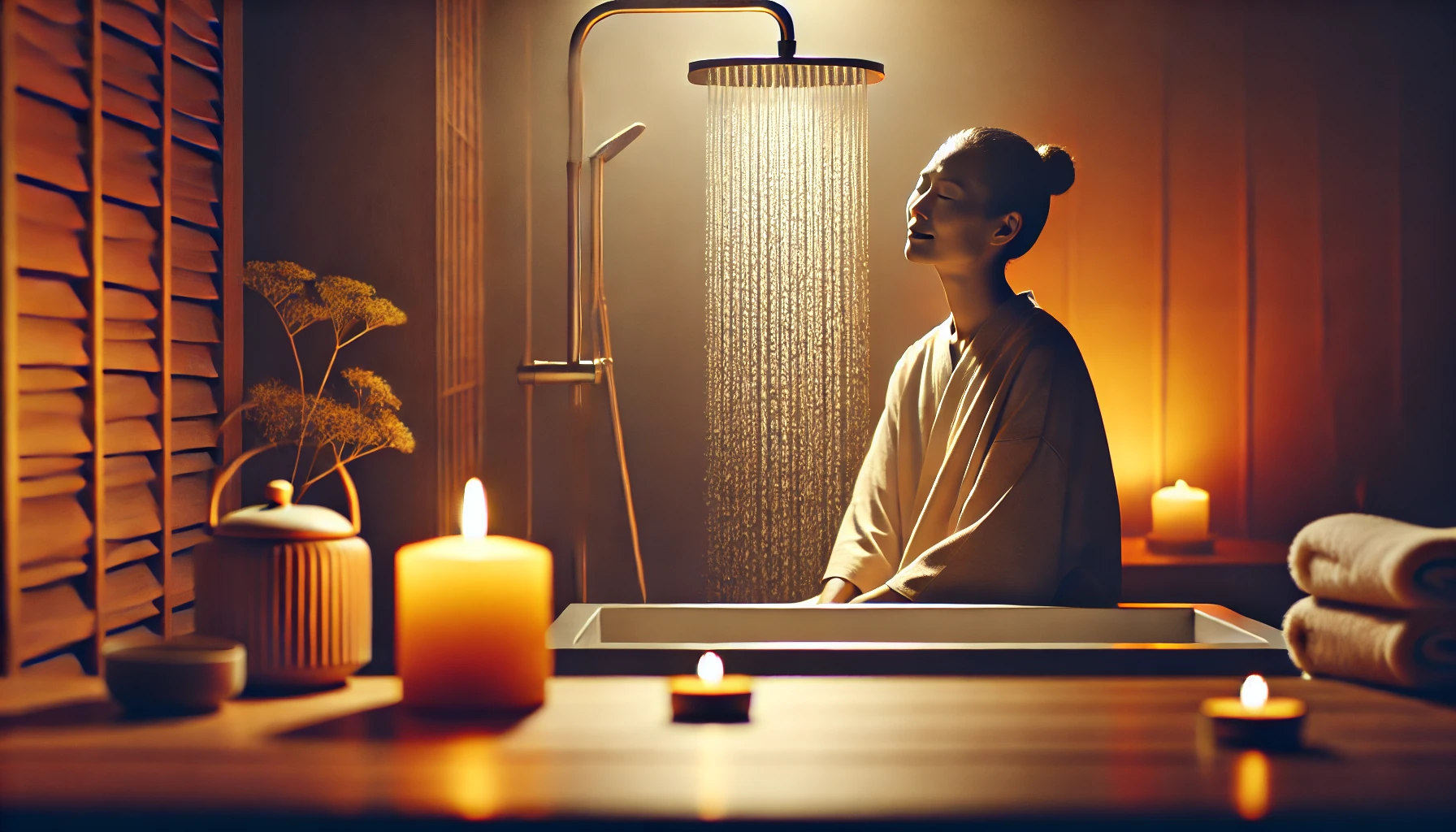 A serene and calming bathroom setting with soft, warm lighting and gentle steam rising. A peaceful individual stands under a soothing shower, their face relaxed, embracing mindfulness and relaxation.