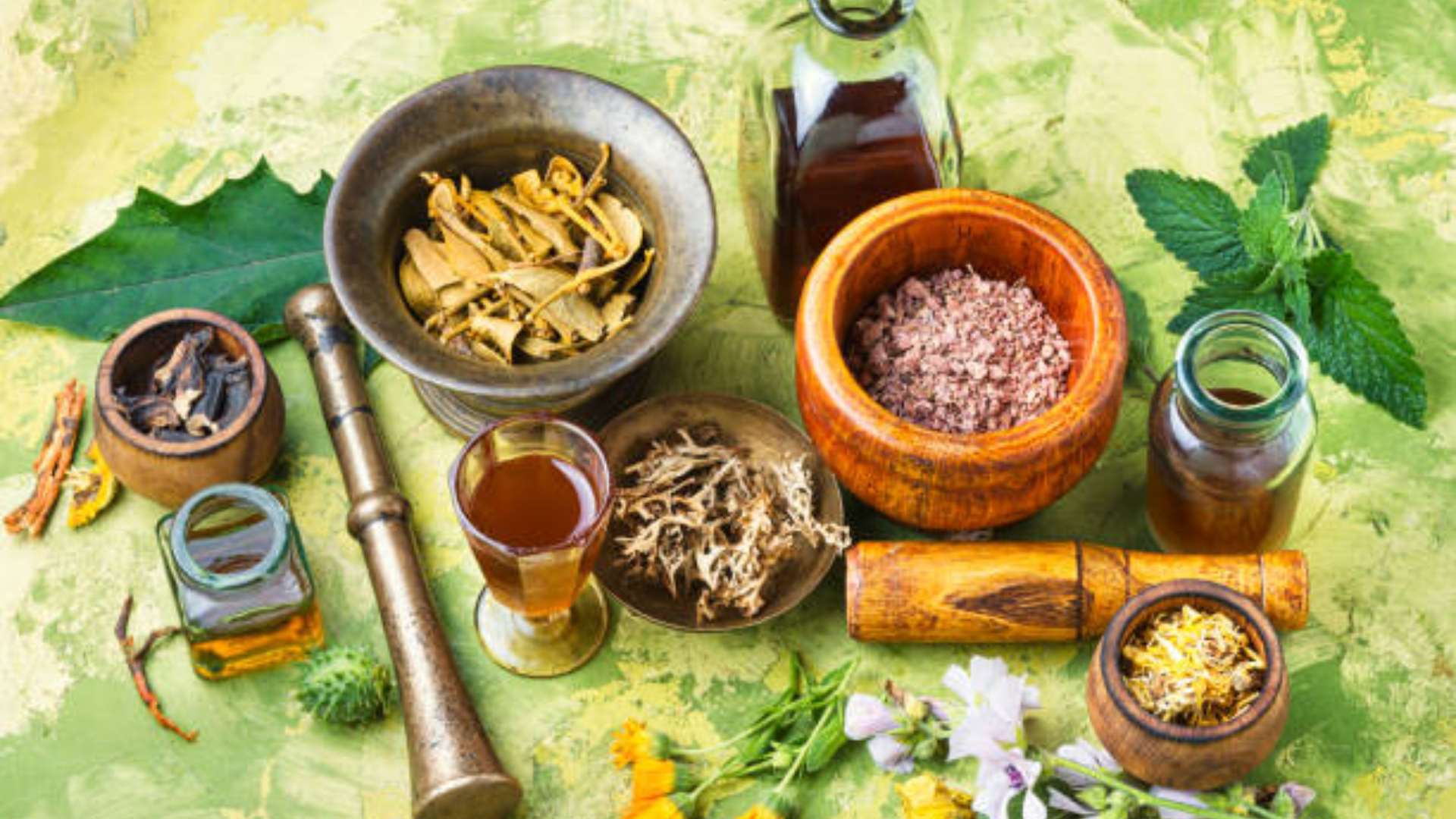 Ancient apothecary with herbal remedies and sunlight