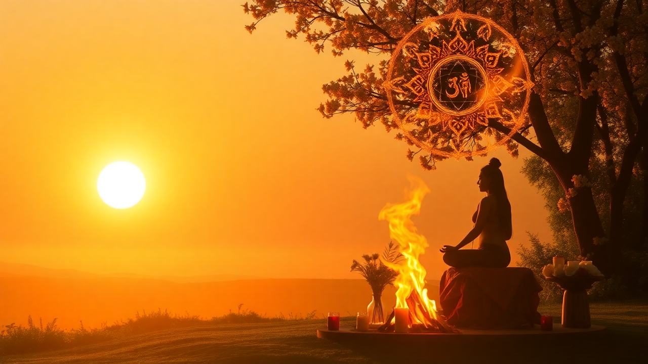 A mystical moonlit scene with a silhouetted figure meditating, surrounded by ritual objects under a glowing full moon.
