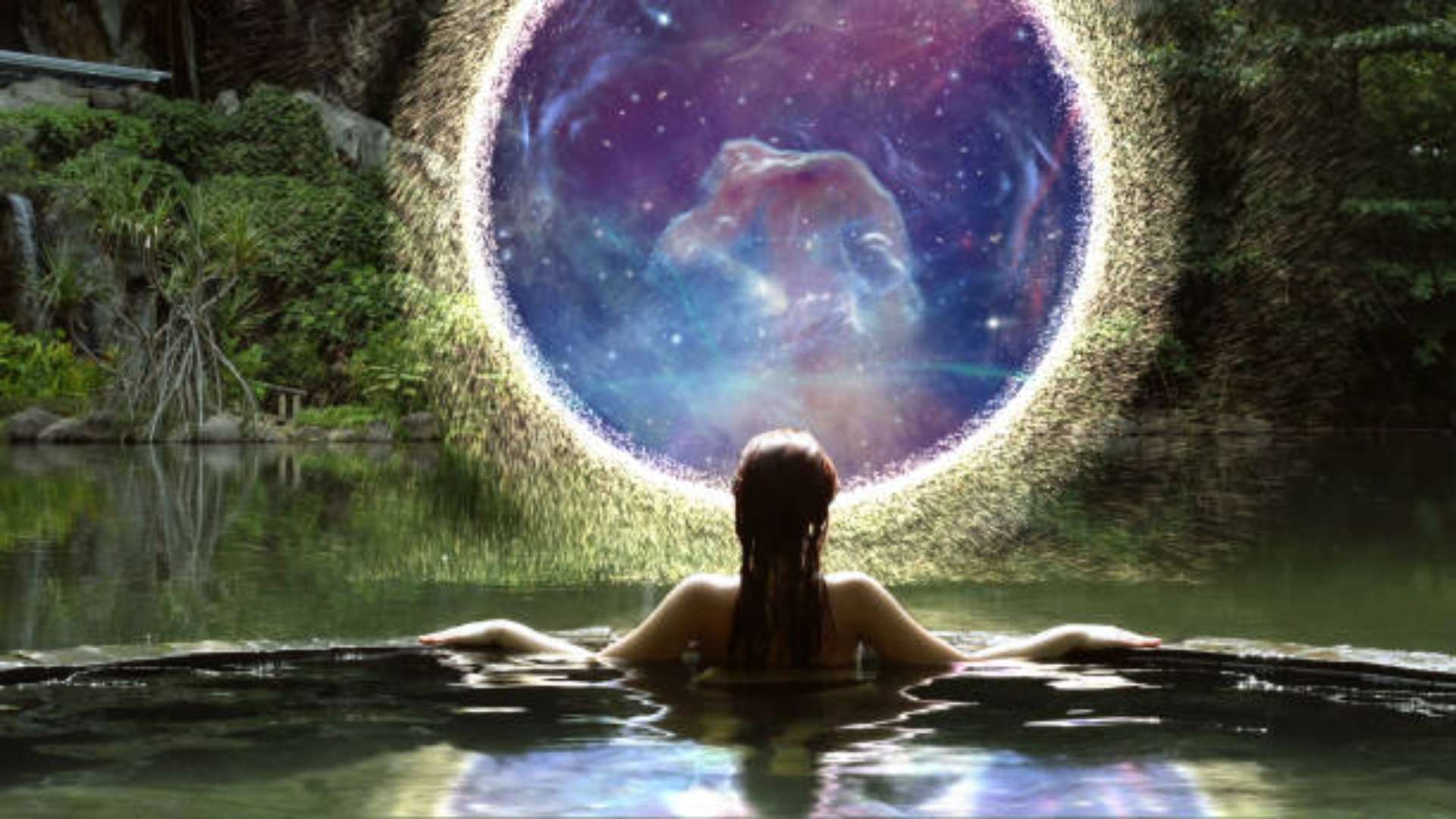 Sacred feminine figure surrounded by moonlight, water, and stars