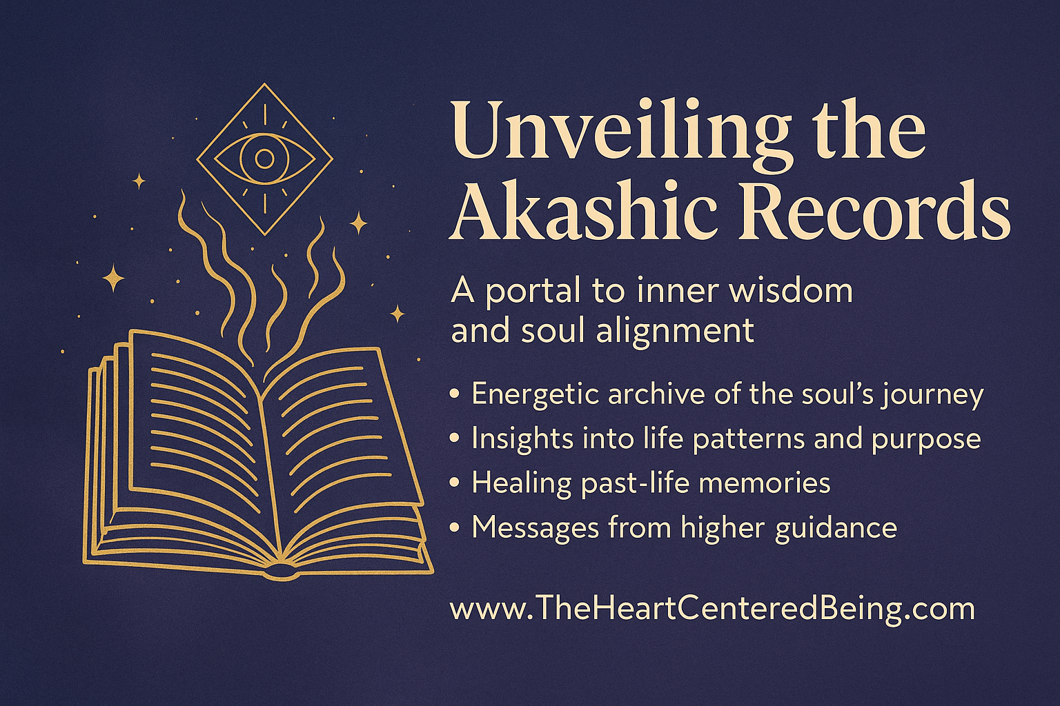A digital illustration featuring an open book and cosmic symbols, with the title "Unveiling the Akashic Records" and key bullet points describing the concept.