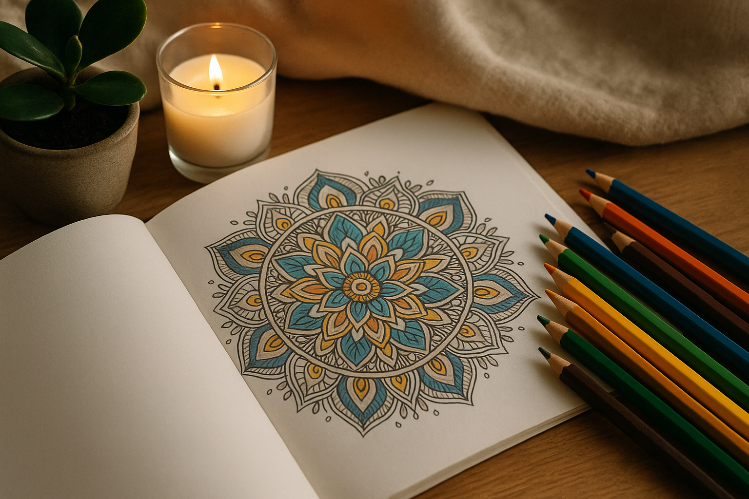 A sacred art coloring book page with colored pencils and calming surroundings