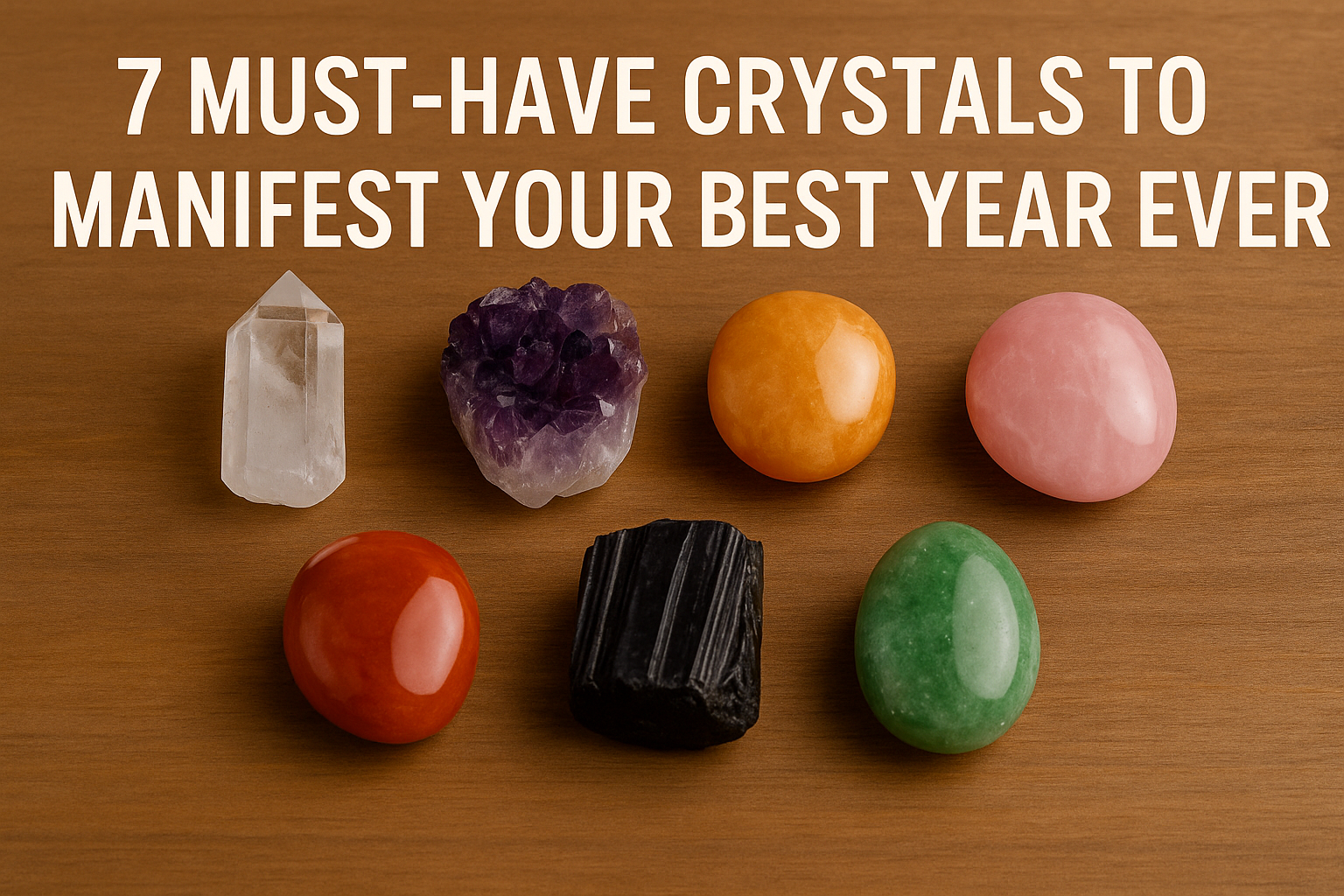 Seven powerful crystals for manifestation arranged on a soft linen cloth, including clear quartz, amethyst, citrine, rose quartz, carnelian, black tourmaline, and green aventurine.