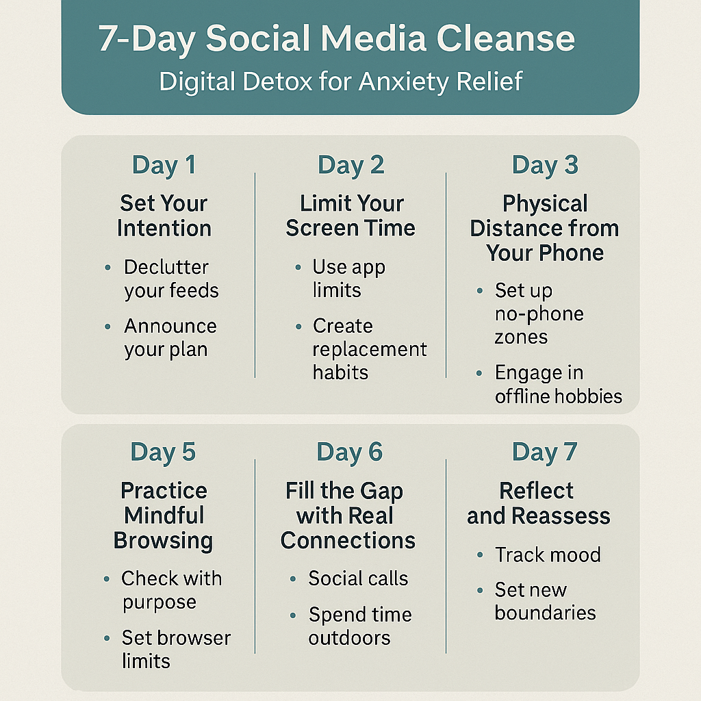 A calming digital detox infographic with a 7-day plan to reduce screen time and soothe anxiety