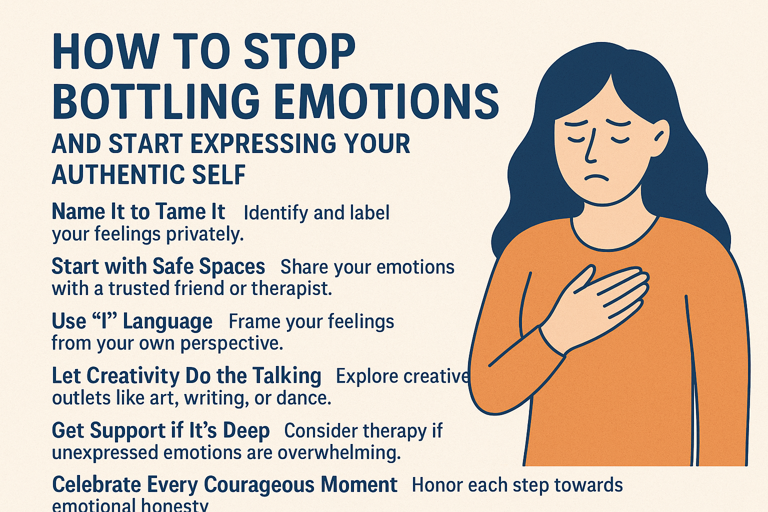 A digital graphic with emotional wellness tips and calming colors, promoting healthy emotional expression