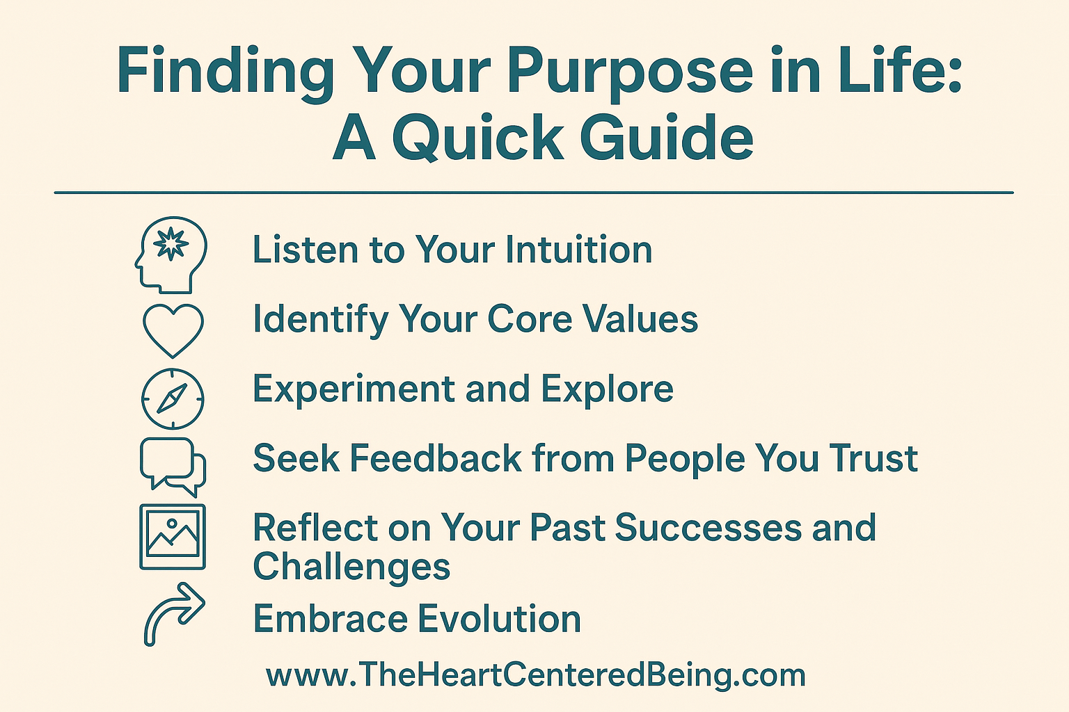 A digital infographic titled "Finding Your Purpose in Life: A Quick Guide" with six simple icons representing practical tips for discovering life purpose.