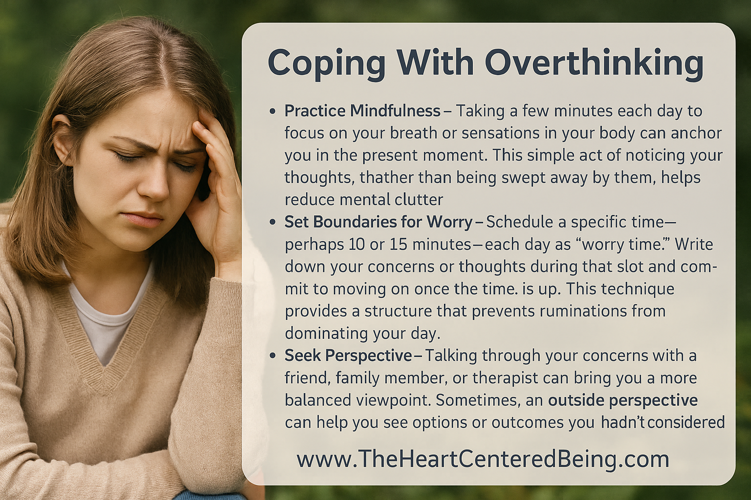 A calming digital graphic illustrating mindfulness techniques to help cope with overthinking