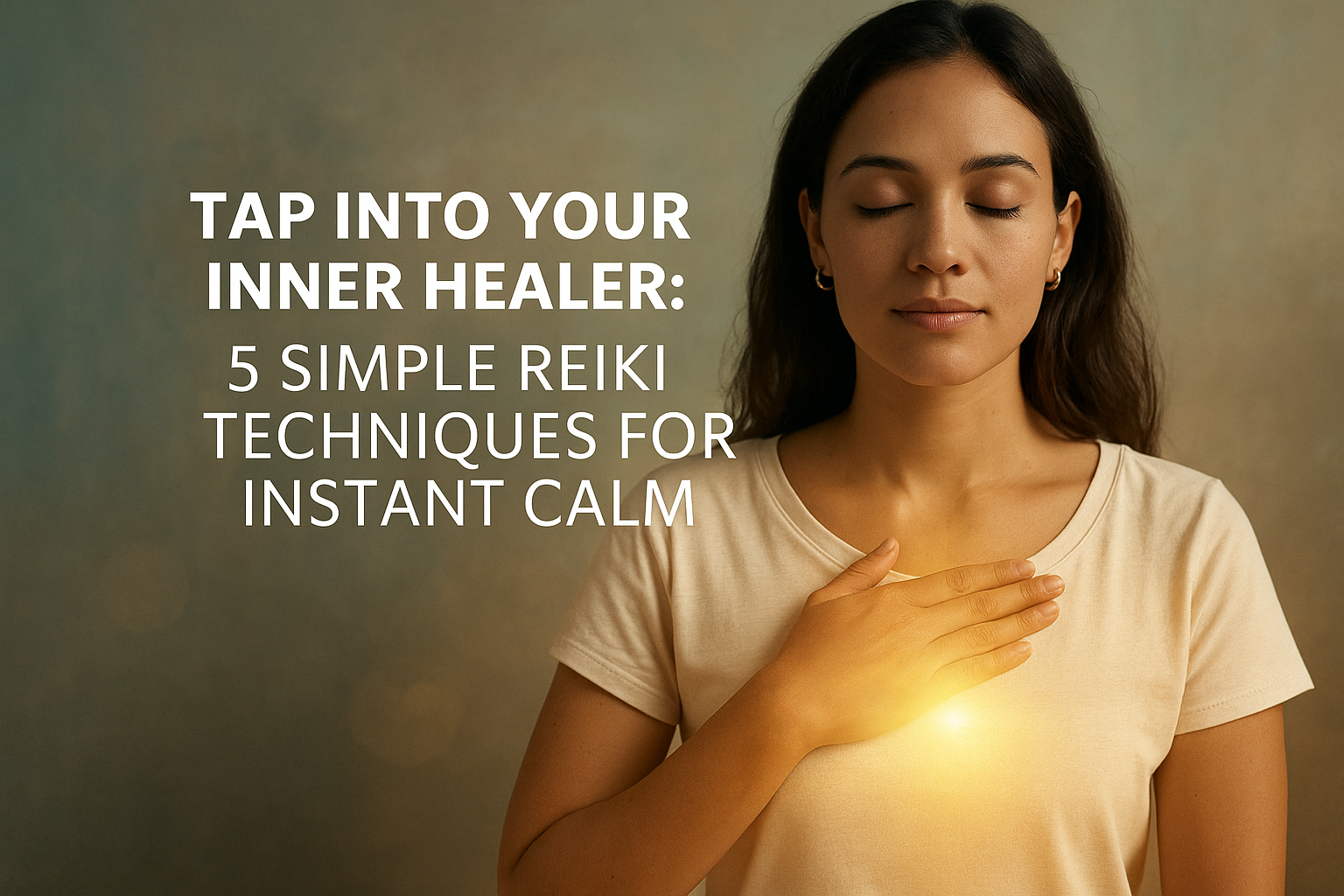 A peaceful individual practicing Reiki with hands on heart, surrounded by soft light in a meditative setting