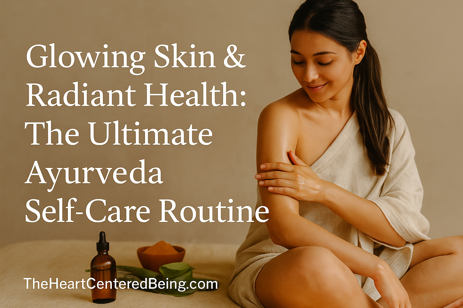 A digital illustration showcasing an Ayurvedic self-care routine for glowing skin and radiant health, including warm water, abhyanga massage, oil pulling, and natural skincare