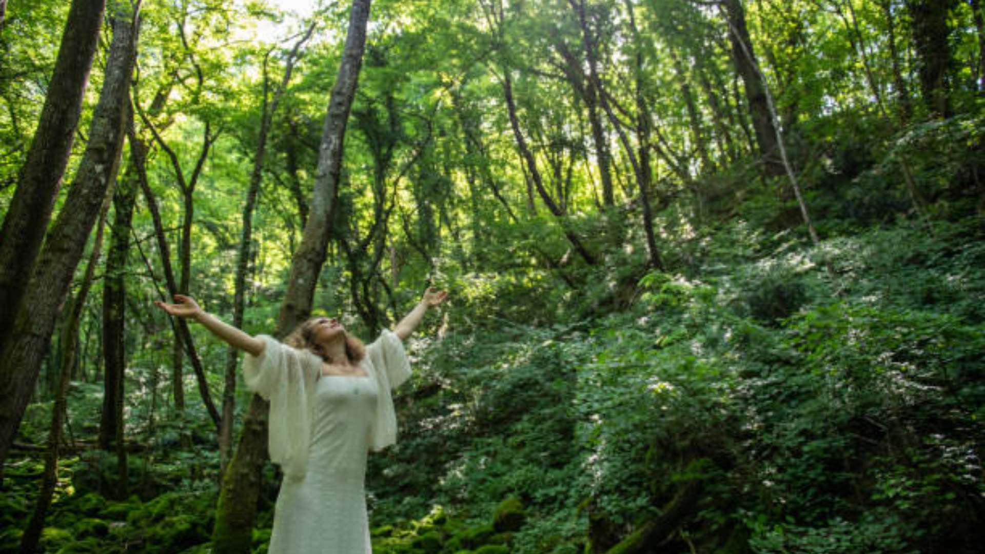 Person walking mindfully through a sunlit forest trail