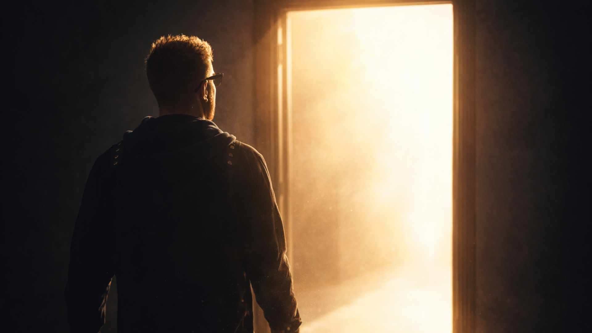 Man standing at a symbolic threshold transitioning from magician to king archetype